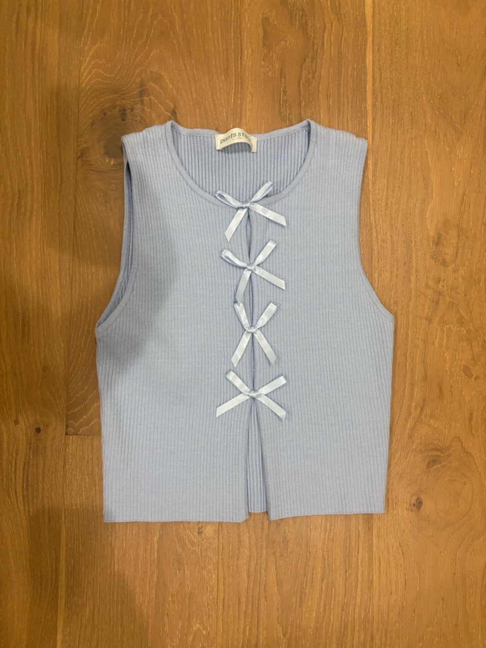 Light Blue Ribbed Bow-Detail Sleeveless Top